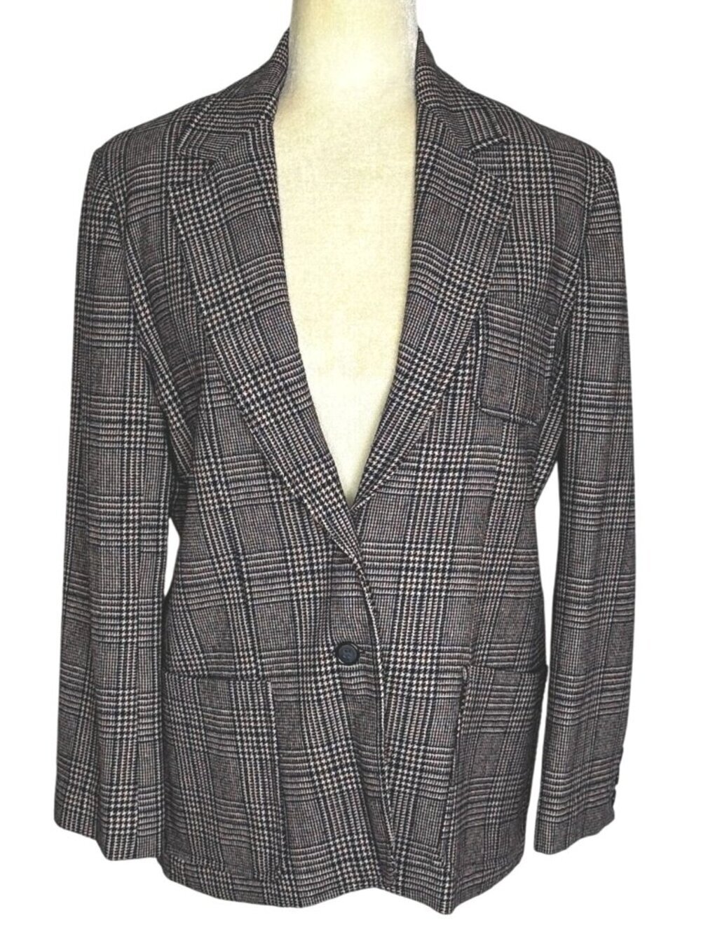 Vintage 70s Houndstooth Plaid Blazer Navy Burgundy Wool Look Tailored Jacket